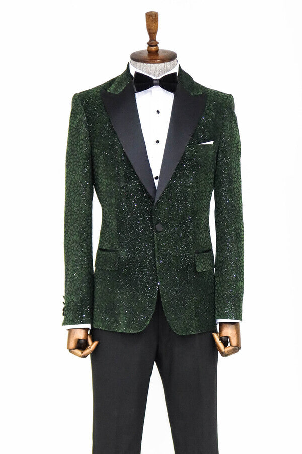 WSS Glitter Floral Patterned Dark Green Men Prom Blazer  - Provo