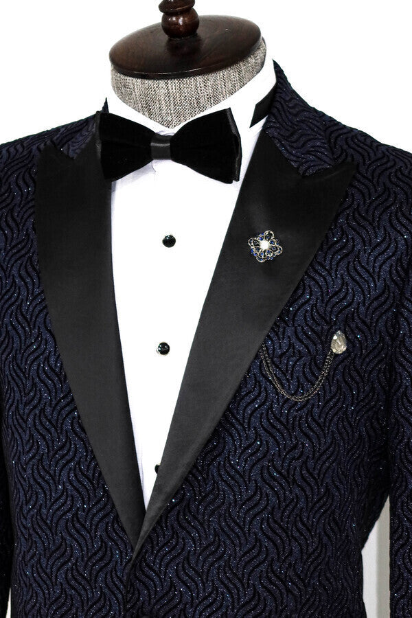 WSS Glitter Shiny Navy Blue Men Prom Blazer  - Hot Springs