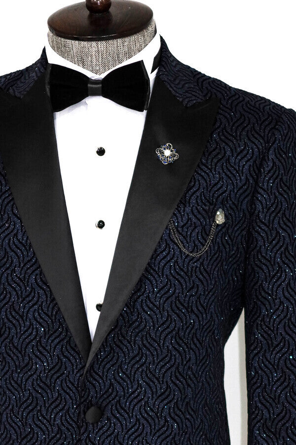 WSS Glitter Shiny Navy Blue Men Prom Blazer  - Hot Springs