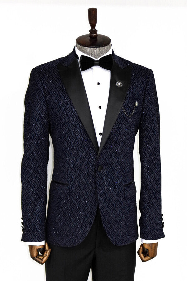 WSS Glitter Shiny Navy Blue Men Prom Blazer  - Hot Springs