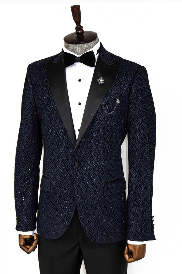 WSS Glitter Shiny Navy Blue Men Prom Blazer  - Hot Springs