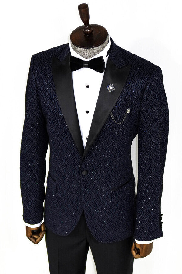 WSS Glitter Shiny Navy Blue Men Prom Blazer  - Hot Springs