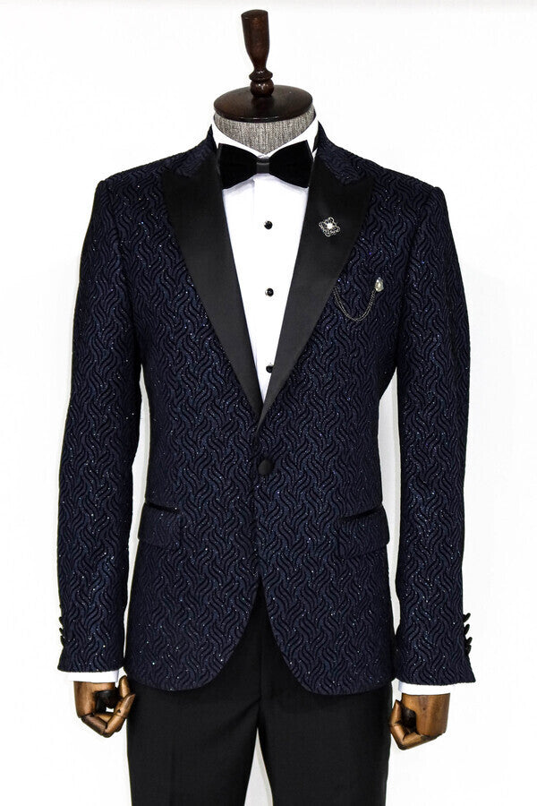 WSS Glitter Shiny Navy Blue Men Prom Blazer  - Hot Springs