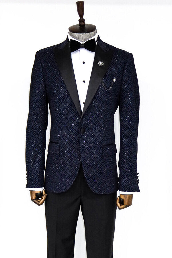 WSS Glitter Shiny Navy Blue Men Prom Blazer  - Hot Springs