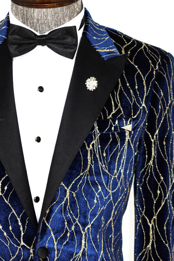 WSS Gold Patterned Navy Blue Men Prom Blazer  - Ciudad General Escobedo
