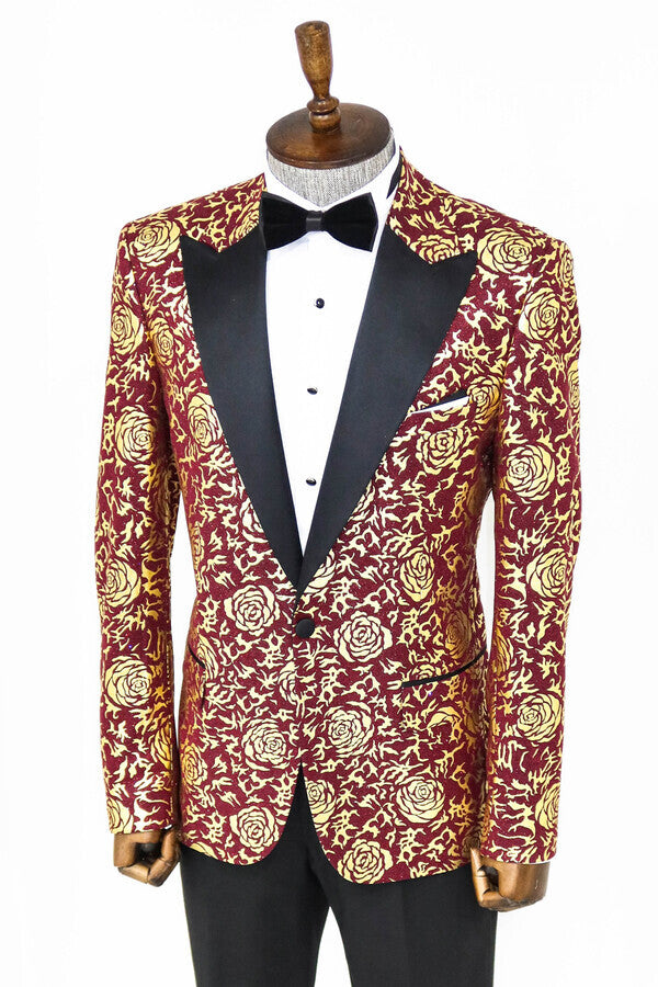 WSS Gold Rose Patterned Slim Fit Burgundy Men Prom Blazer  - Jaén