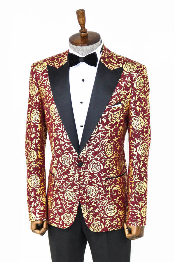WSS Gold Rose Patterned Slim Fit Burgundy Men Prom Blazer  - Jaén