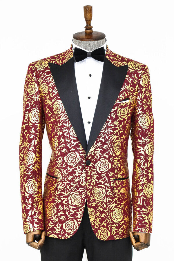WSS Gold Rose Patterned Slim Fit Burgundy Men Prom Blazer  - Jaén