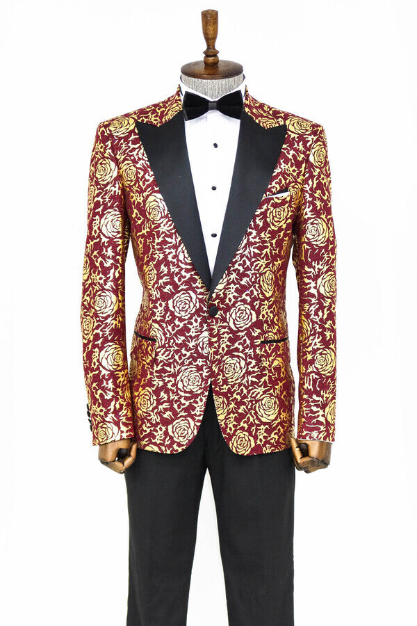 WSS Gold Rose Patterned Slim Fit Burgundy Men Prom Blazer  - Jaén