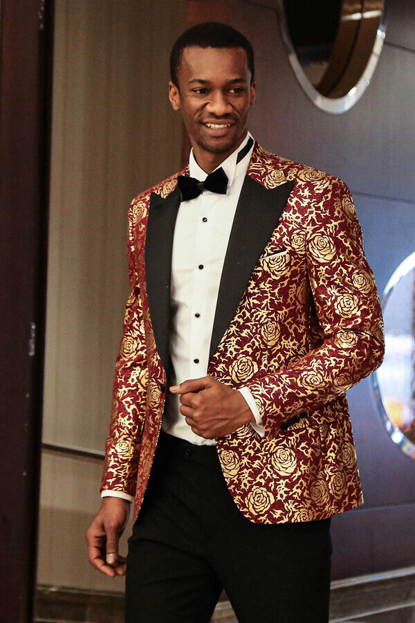 WSS Gold Rose Patterned Slim Fit Burgundy Men Prom Blazer  - Jaén