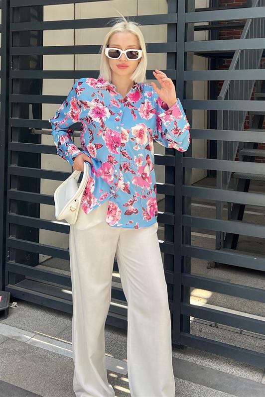MDX Baby Blue Satin Shirt with Flower Pattern MG1787 - North Miami