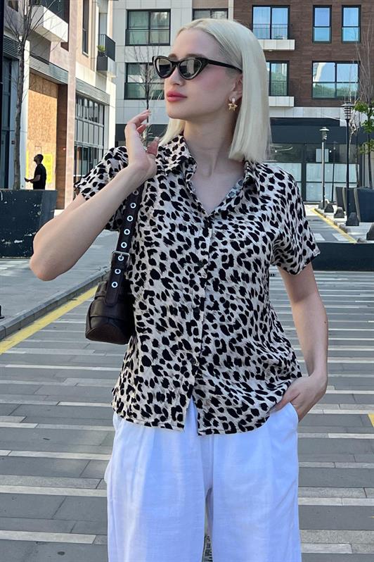 MDX Ecru Leopard Print Short Sleeve Women's Shirt MG2098 - Cupertino