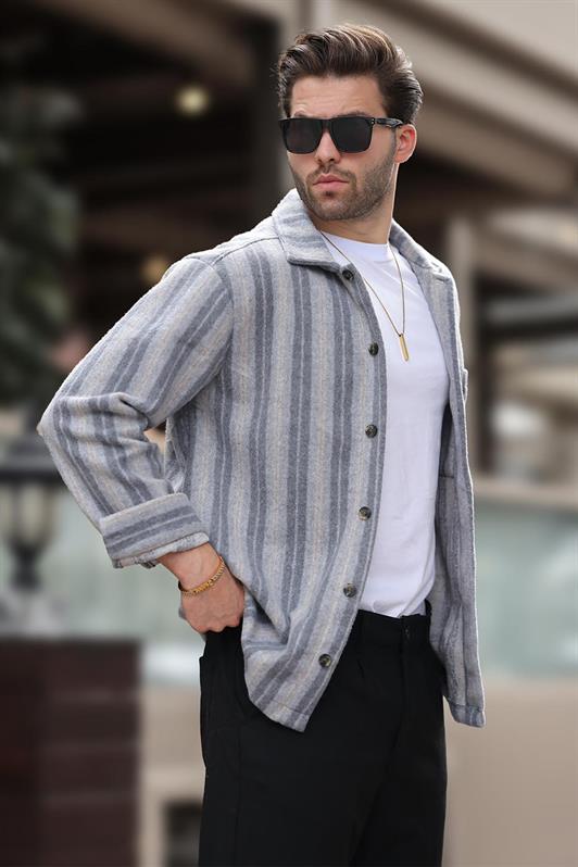 MDX Gray Patterned Men's Polar Fleece Shirt with Pockets E6757 - Cieza