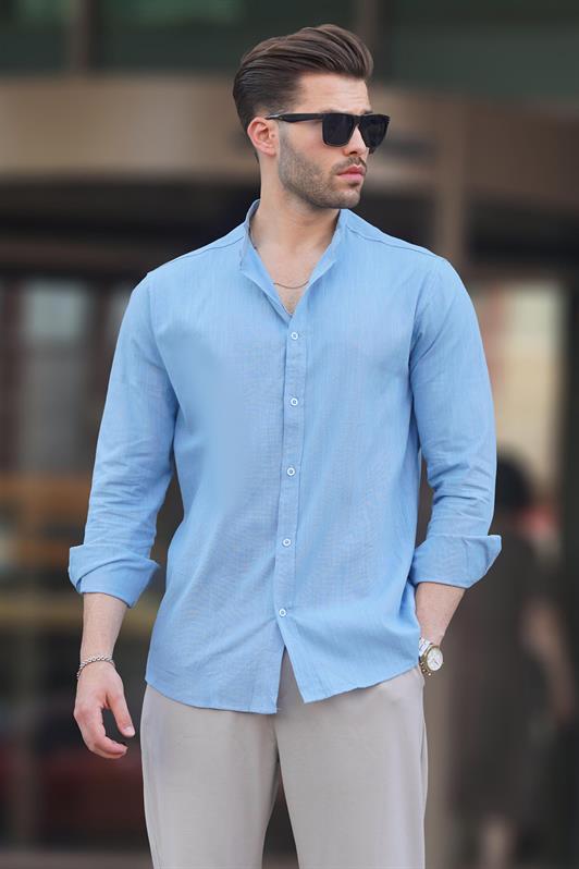 MDX Light Blue Mandarin Collar Cotton-Like Cotton Long Sleeve Men's Shirt 6745 - El Prat de Llobregat