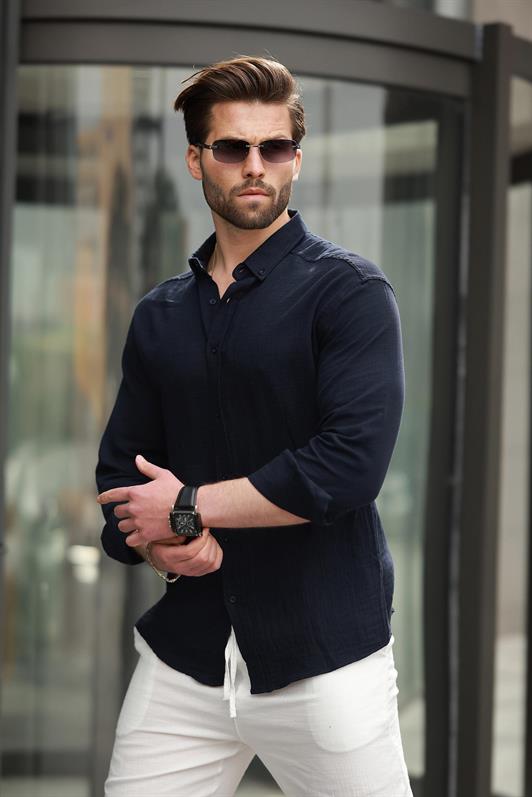 MDX Navy Blue Basic 100% Cotton Long Sleeve Men's Shirt E6761 - Clifton Park