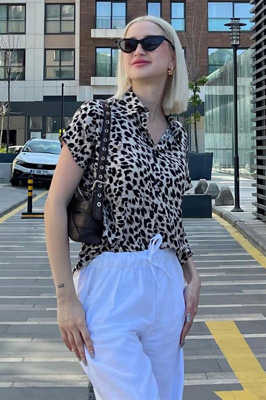 MDX Ecru Leopard Print Short Sleeve Women's Shirt MG2098 - Cupertino