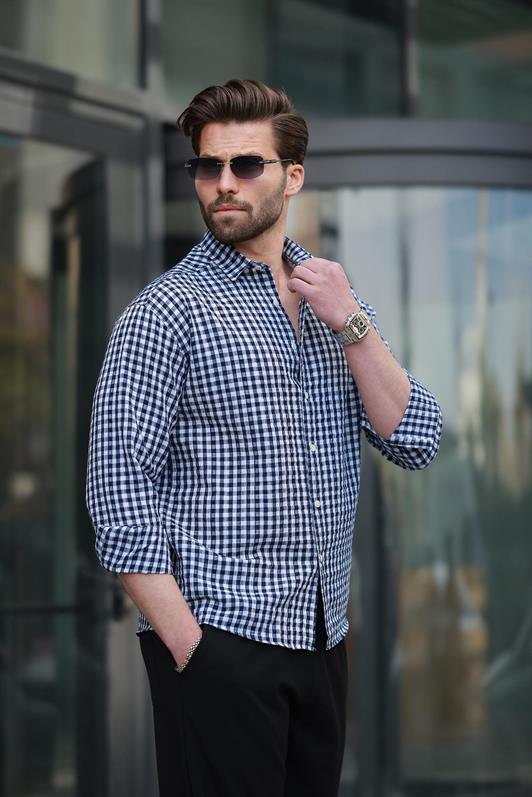 MDX Navy Blue Polka Dot Long Sleeve Men's Shirt E6763 - Melbourne