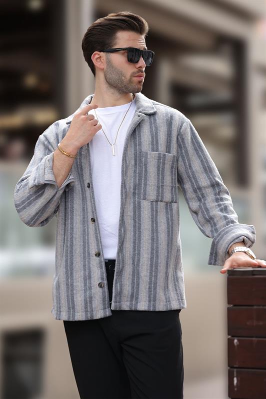 MDX Gray Patterned Men's Polar Fleece Shirt with Pockets E6757 - Cieza
