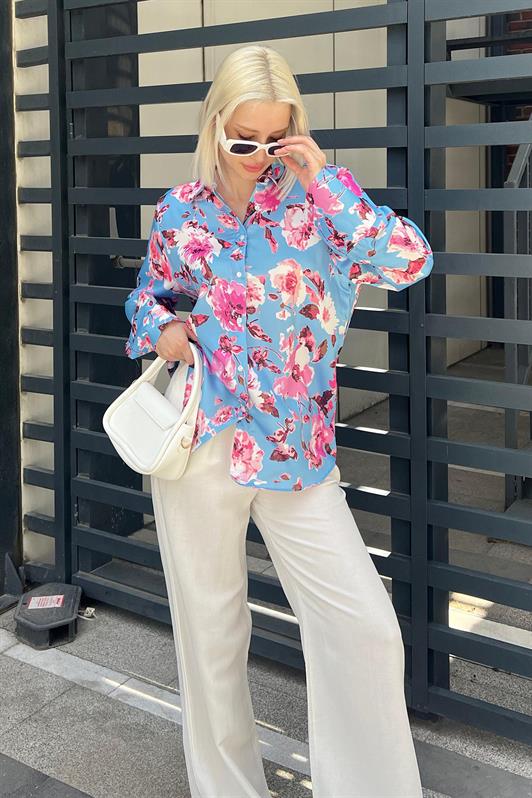 MDX Baby Blue Satin Shirt with Flower Pattern MG1787 - North Miami