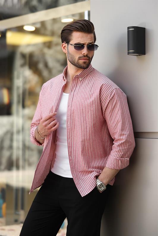 MDX Bordo Çizgili Uzun Kollu Pamuklu Erkek Gömlek 6746 - Almere