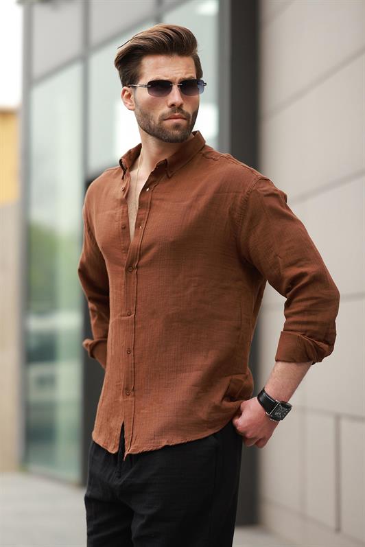 MDX Brown Basic 100% Cotton Long Sleeve Men's Shirt E6761 - Pokrovsk