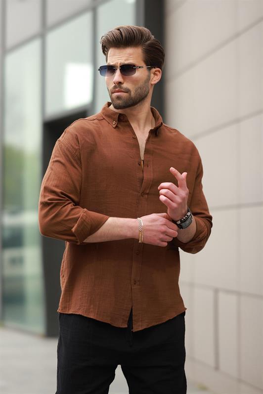 MDX Brown Basic 100% Cotton Long Sleeve Men's Shirt E6761 - Pokrovsk