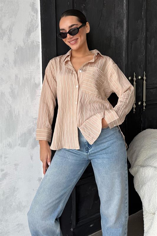 MDX Beige Striped Pocketed Women's Shirt Mg2345 - Westerville