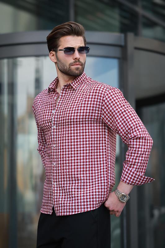 MDX Burgundy Polka Dot Long Sleeve Men's Shirt E6763 - Dún Dealgan