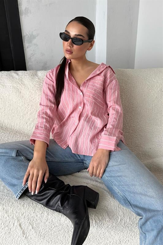MDX Pink Striped Pocketed Women's Shirt Mg2345 - Timişoara