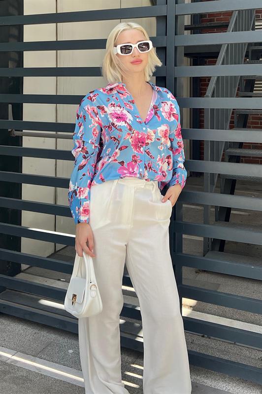 MDX Baby Blue Satin Shirt with Flower Pattern MG1787 - North Miami