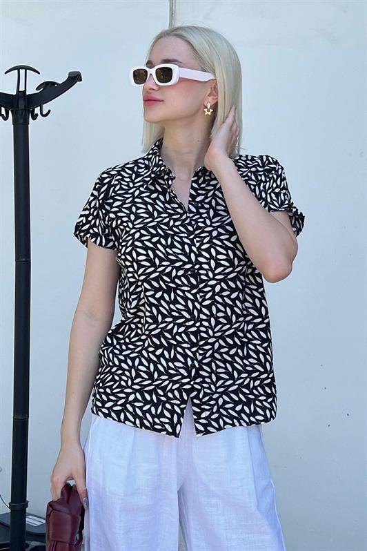 MDX Black Flower Patterned Short Sleeve Women's Shirt MG2098 - Alicante