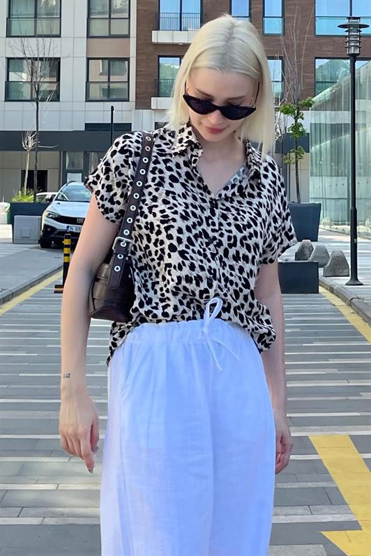 MDX Ecru Leopard Print Short Sleeve Women's Shirt MG2098 - Cupertino