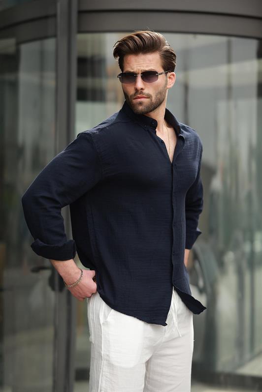 MDX Navy Blue Basic 100% Cotton Long Sleeve Men's Shirt E6761 - Clifton Park