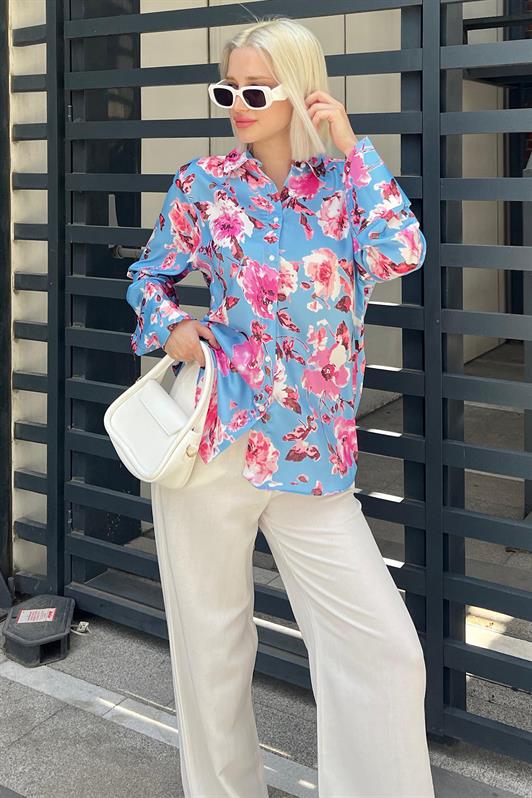 MDX Baby Blue Satin Shirt with Flower Pattern MG1787 - North Miami