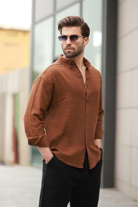 MDX Brown Basic 100% Cotton Long Sleeve Men's Shirt E6761 - Pokrovsk