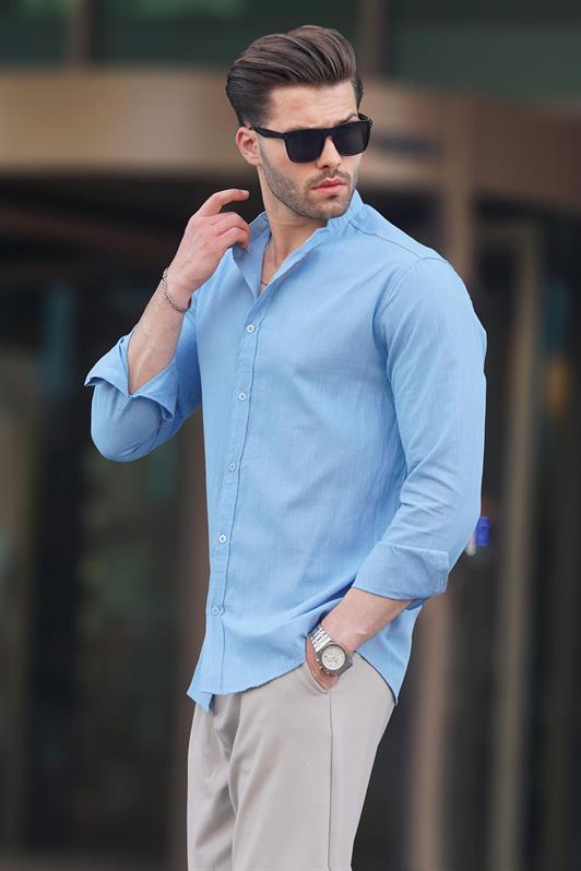 MDX Light Blue Mandarin Collar Cotton-Like Cotton Long Sleeve Men's Shirt 6745 - El Prat de Llobregat
