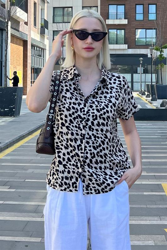MDX Ecru Leopard Print Short Sleeve Women's Shirt MG2098 - Cupertino