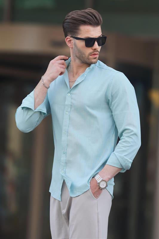 MDX Unripe Green Stand Collar Cotton-Like Linen Long Sleeve Men's Shirt 6745 - Tarragona