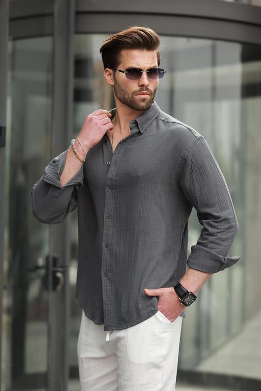 MDX Anthracite Basic 100% Cotton Long Sleeve Men's Shirt E6761 - Venray