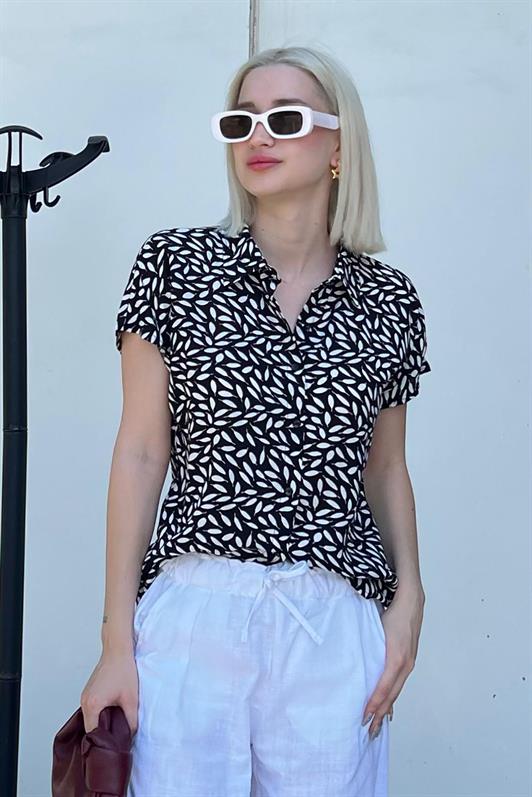 MDX Black Flower Patterned Short Sleeve Women's Shirt MG2098 - Alicante