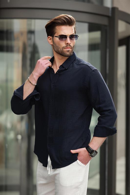 MDX Navy Blue Basic 100% Cotton Long Sleeve Men's Shirt E6761 - Clifton Park