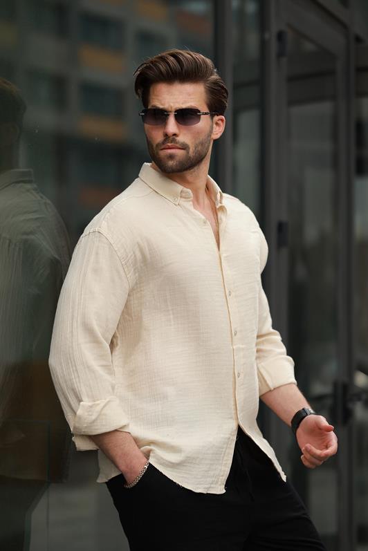 MDX Beige Basic 100% Cotton Long Sleeve Men's Shirt E6761 - Ontario