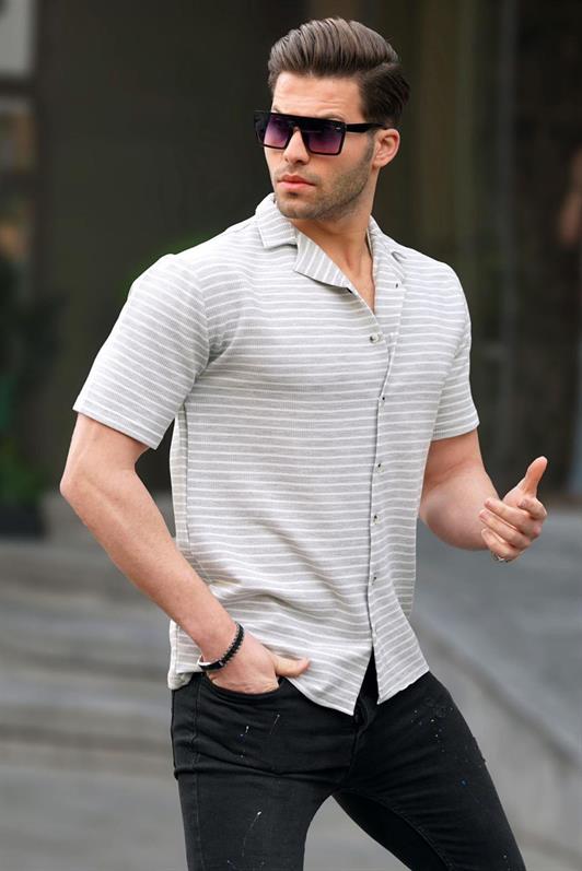 MDX Gray Striped Short Sleeve Men's Shirt 6703 - Madrid