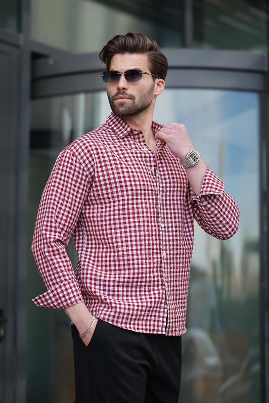 MDX Burgundy Polka Dot Long Sleeve Men's Shirt E6763 - Dún Dealgan