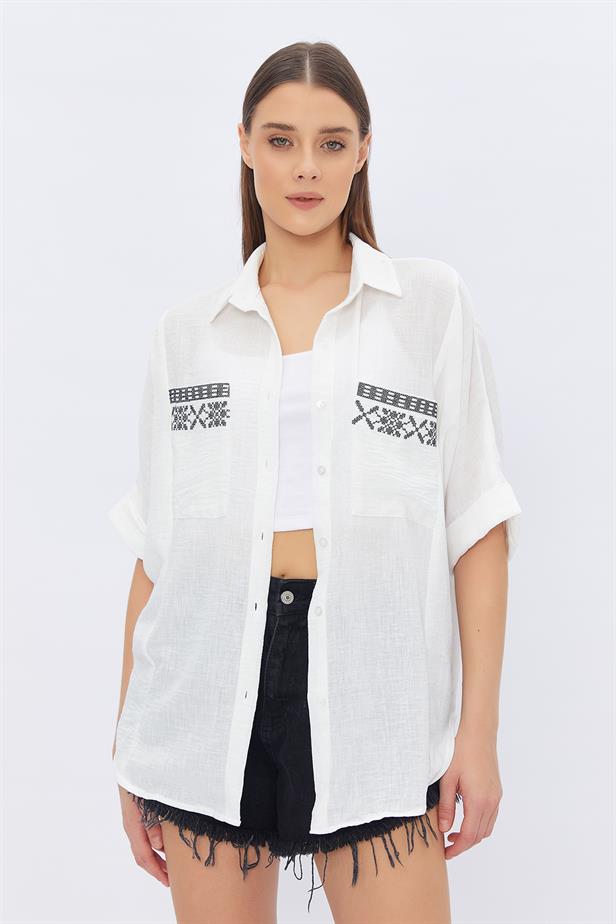 RYN Shirt with Embroidered Pockets - WHITE - Tampa