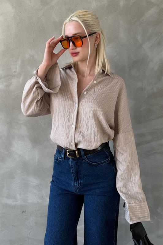 MDX Beige Striped Oversized Women's Shirt Mg2327 - Dale City
