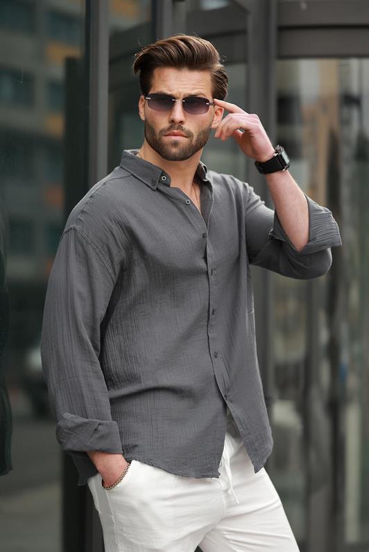MDX Anthracite Basic 100% Cotton Long Sleeve Men's Shirt E6761 - Venray