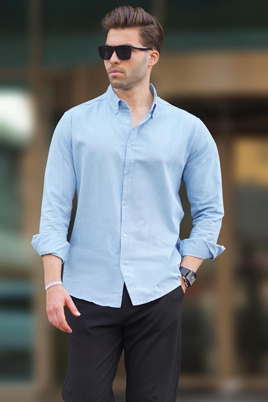 MDX Blue Long Sleeve Cotton Linen-Look Men's Shirt 6743 - Santa Monica