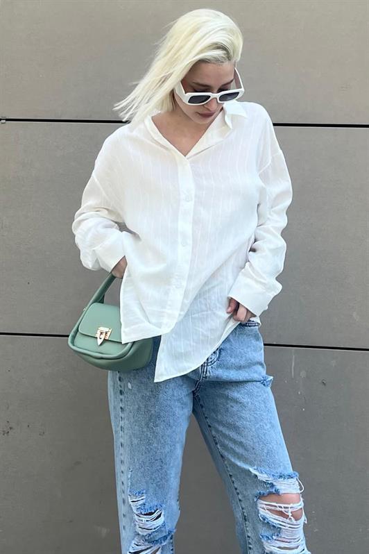 MDX White Long Sleeve Striped Oversized Shirt MG2080 - Toluca