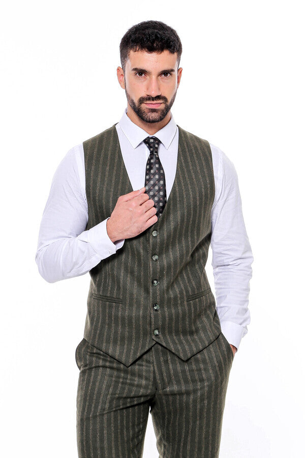 WSS Green Striped Slim-Fit Vested Suit  - Parkland